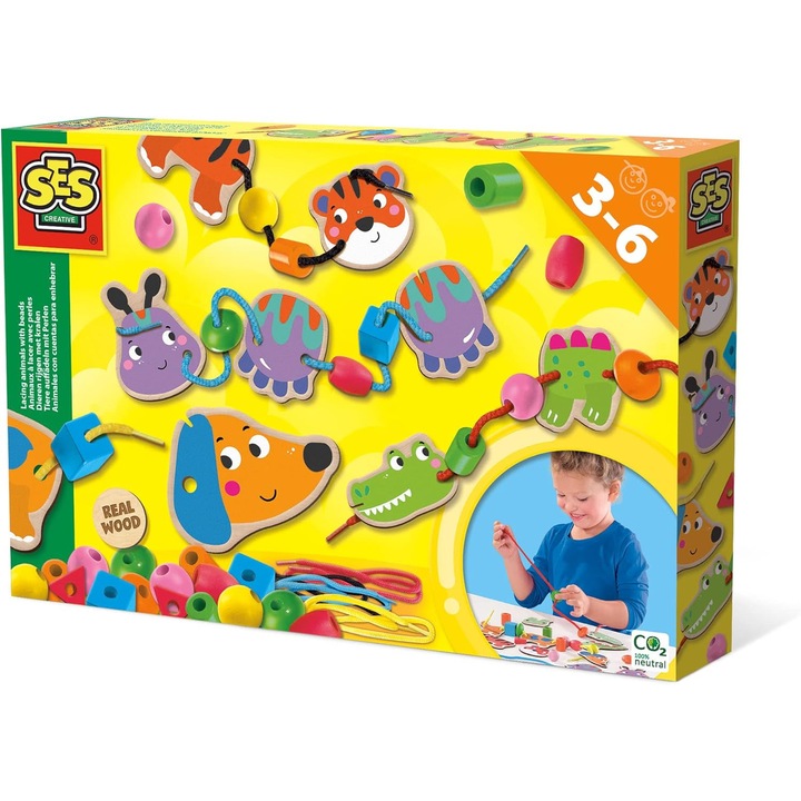 Set creativ SES Creative, margele mari din lemn, design animale, 3 ani+