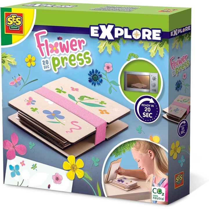 Aparat de presat flori SES Creative, uscare 20 secunde, set pentru copii 6 ani, multicolor