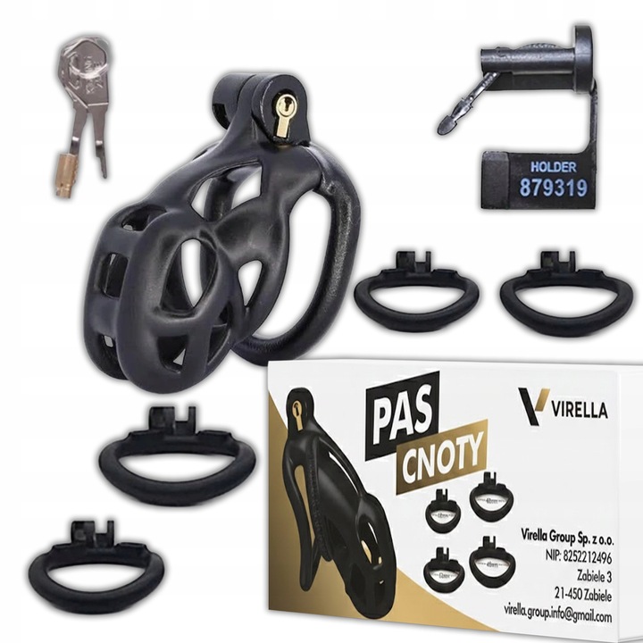 Centura de castitate barbati VIRELLA marime S, dispozitiv chastity cage cu lacat, 4 inele ajustabile 42-52 mm, design ergonomic discret, material nylon rezistent, usoara 150 g, utilizare zilnica, set complet cu sigilii, negru