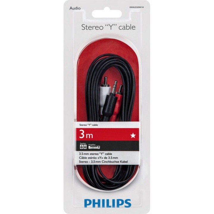 Cablu stereo 1,5m, Philips, 3,5mm la 2 RCA, cu manson din PVC, conectare usoara