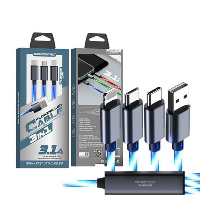 Cablu USB 3in1 Somostel, 1.2m, incarcare rapida, LED albastru