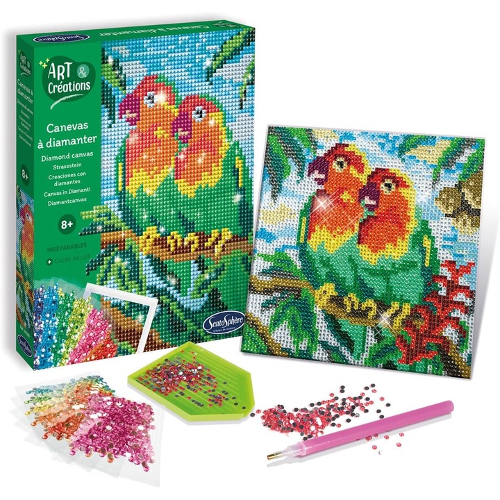 Kit creativ Pictura cu Strass Pasari, Sentosphere, 15 culori, activitate relaxanta, 14+