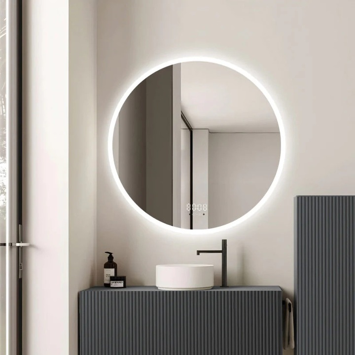 Oglinda LED 80×80 cm, Senzor Miscare Premium – 3 Tipuri de Lumina, Dimabila, Ceas & Temperatura, Dezaburire