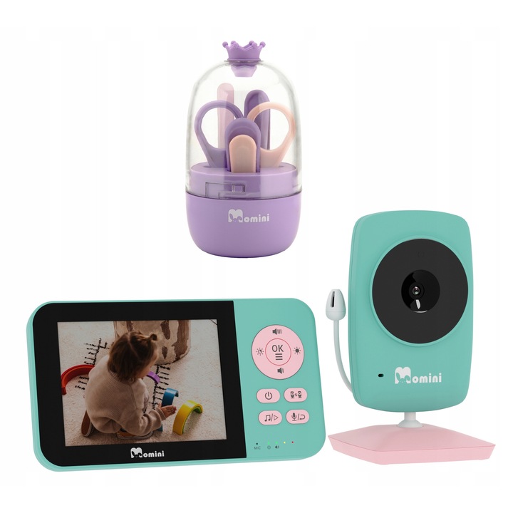 Monitor electronic pentru bebelusi Momini BlissView, 3.2", 360° camera, verde, set gratuit
