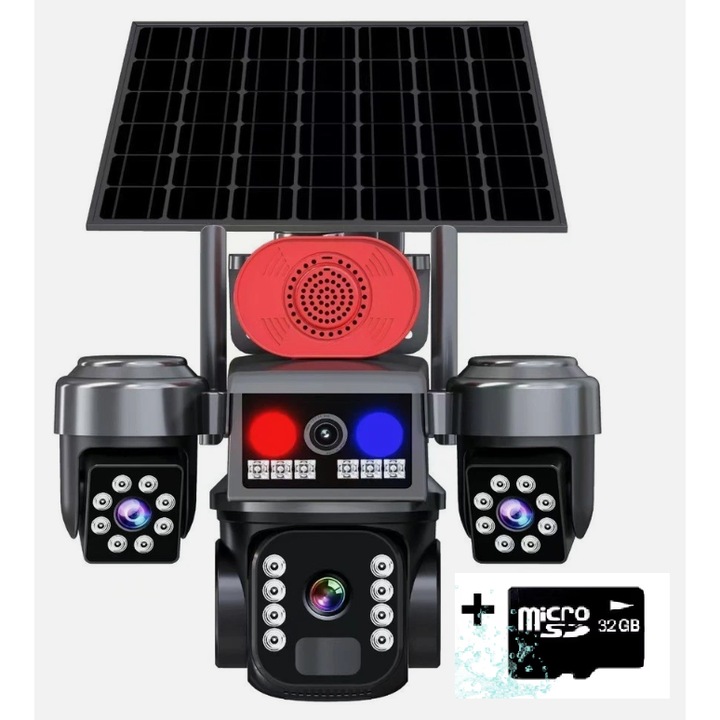 4G Тройна Видеокамера за Наблюдение CCTV, 8K UHD, 10X Увеличение, Външна/Вътрешна, Въртене, Резолюция 15 MP (5+5+5), LED Светлини, Двупосочна Комуникация, Съхранение Карта/Облак, Сензор за Движение, Черна