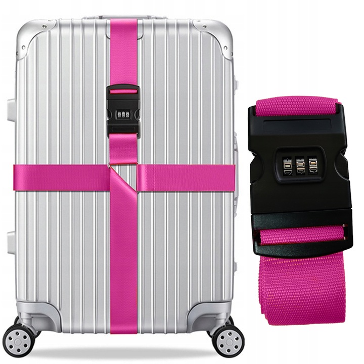 Centura de siguranta pentru bagaj KORBI, roz, 5cm x 388cm, cu prindere usoara