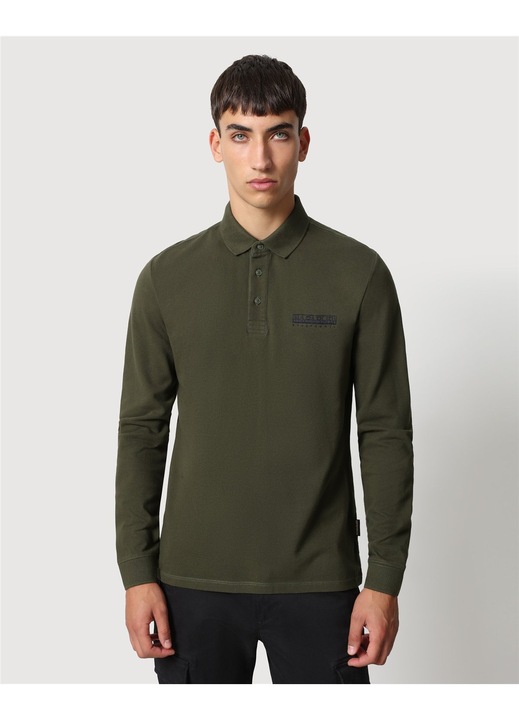 Bluza polo barbati Napapijri, maneca lunga, bumbac 100% organic, verde, guler tricotat plat, M INTL