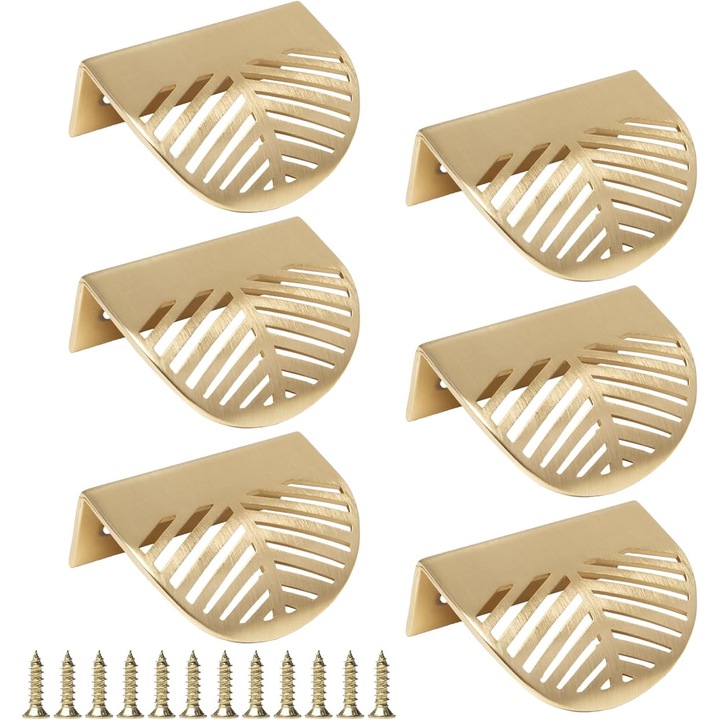 Set 6 manere de mobila aurii, forma de frunza, dimensiuni 60x42x23mm, distanta gauri 32mm