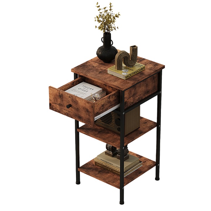 Noptiera cu sertare si raft, in stil retro maro industrial loft Rebiko