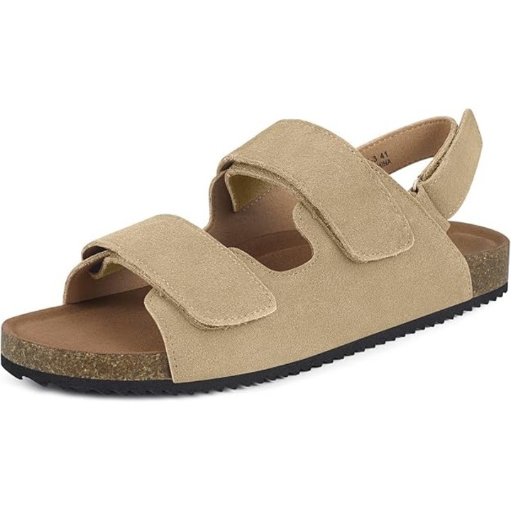 Sandale Unisex din Piele Naturala Intoarsa 100%, Talpa Ortopedica din Pluta cu Suport Plantar, Barete Reglabile, Talpa EVA Antiderapanta, Confortabile pentru Vara, Plaja si Drumetii, Maro Deschis, Marimea 41 EU