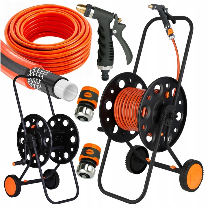 Furtun de gradina de 25 m + carucior metalic + pistol de pulverizare + conectori rapizi Schmith