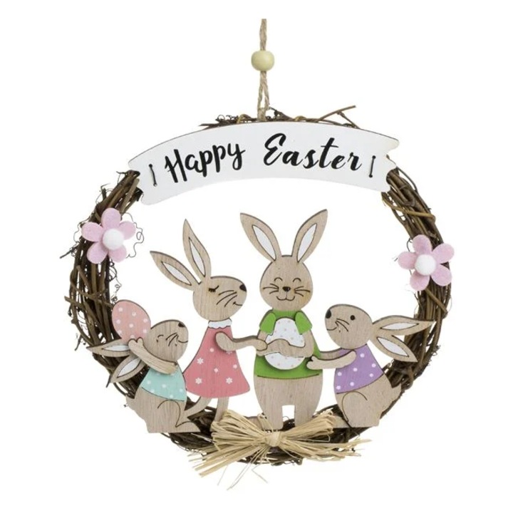 Coroniță decorativă din lemn de Paște, model Iepurași, 18 cm, stil rustic