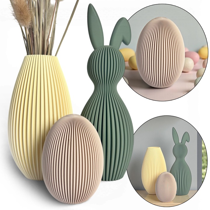 Set decorativ de Paște - KAJAWIS, iepuraș, ou decorativ, vază, bej, alb