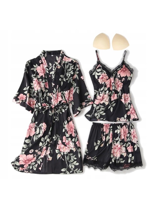 Set pijama 3in1, SNM, satin elegant, negru, cu halat, maiou cu bretele reglabile, pantaloni scurti