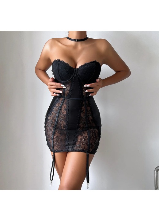 OBRO® Privé Szexi Fehérnemű Push-Up-pal - Erotikus Csipke Mini Ruha, Chokerrel, Fekete