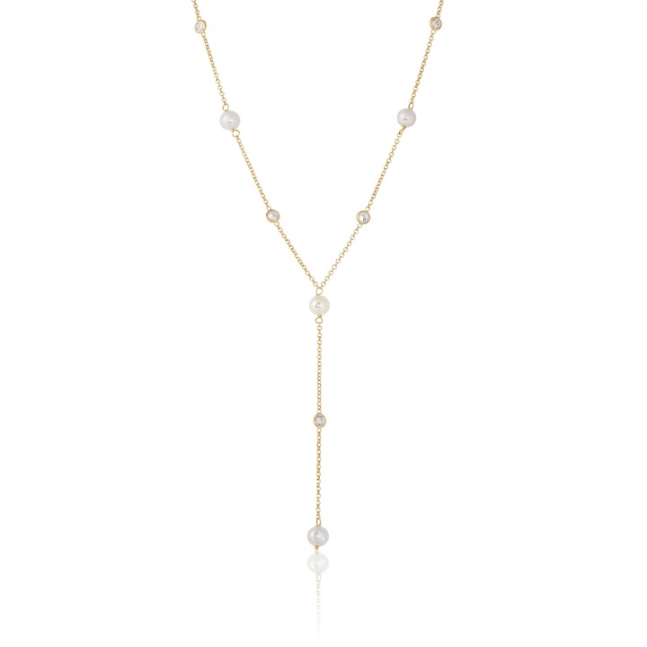 Colier din Aur Galben de 14K cu Perle Naturale si Zirconia