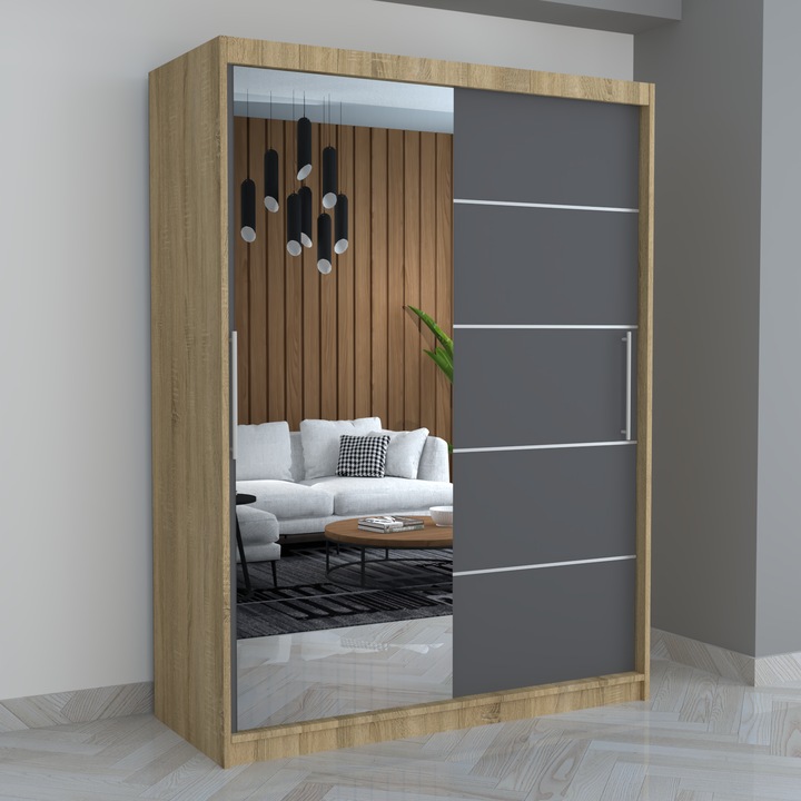 Dressing cu oglindă, 150x200x60 cm, uși glisante, gri, design modern