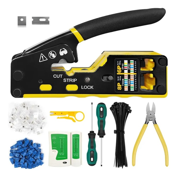 RJ45 krimpelő fogó, XGETOP®, 208 darabos, multifunkcionális, Ethernet kábelekhez, kompatibilis CAT5 CAT5E CAT6 CAT6A CAT7
