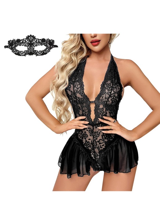 Lenjerie sexy set, Regina Masca din dantela pentru ochi, design seducator, Negru