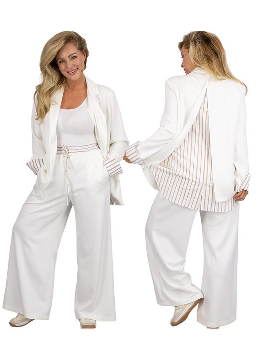 Costum dama alb Agrafka sacou oversize si pantaloni wide leg, talie reglabila, 50% poliester, One Size INTL