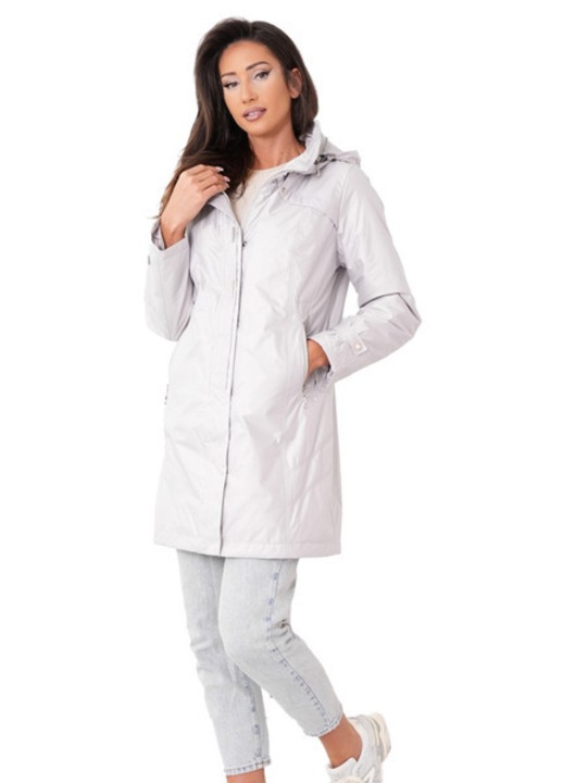 Pardesiu dama plus size SANDRA gri deschis gluga, fermoar, Gri deschis