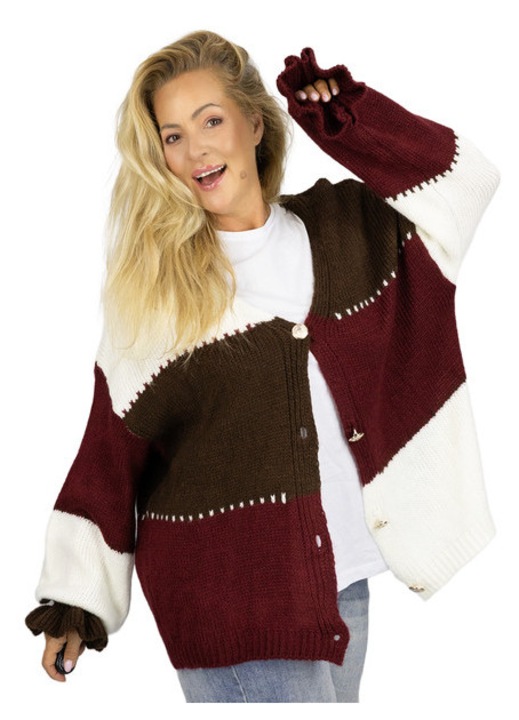 Kardigan dama scurt, Agrafka, model geometric color-blocking, multicolor, marime unisize