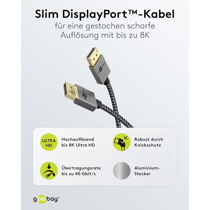 Cablu Goobay DisplayPort Slim 1m 8K@120Hz/4K@240Hz 40Gbps Negru