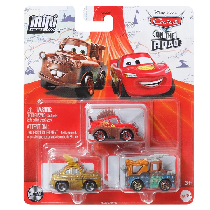 Комплект метални колички (3бр) Disney Cars On The Road Mini Racers, Rumbler Lightning McQueen, Rumbler Mater and Chieftess