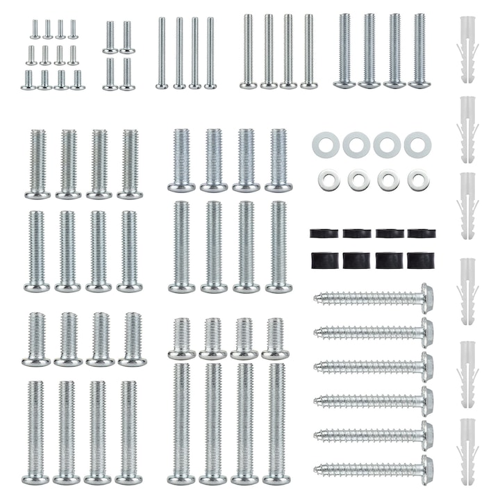 Kit universal de montaj TV, compatibil cu toate televizoarele pana la 80 inch, include suruburi M4 M5 M6 M8, saibe si distantieri, argintiu
