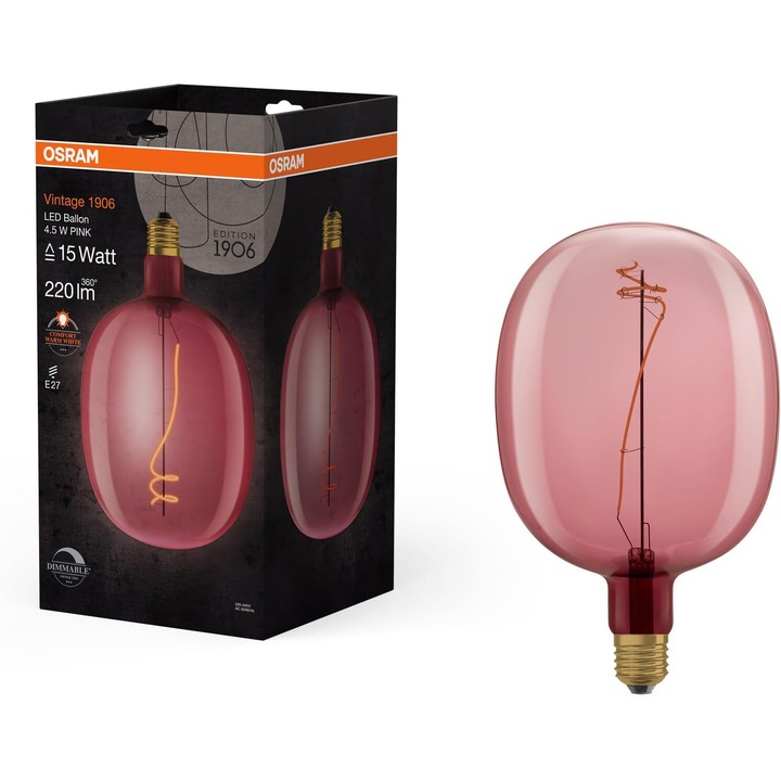 Osram 1906 Vintage LED Izzó, Rózsaszín Árnyalat, 4.5W, E27, Meleg Fehér, Szabályozható