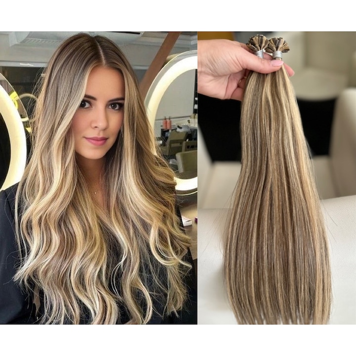 Extensii cu keratină pentru păr natural, Oskar Shop, balayage #4/#24, set 50 suvite, păr rusesc