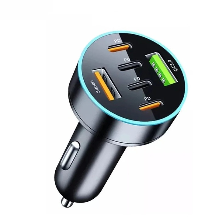 Incarcator auto 6 in 1 cu incarcare rapida, 2 porturi USB Fast Charge QC 3.0 si 4 porturi Type-C PD 65W, negru, Dactylion®