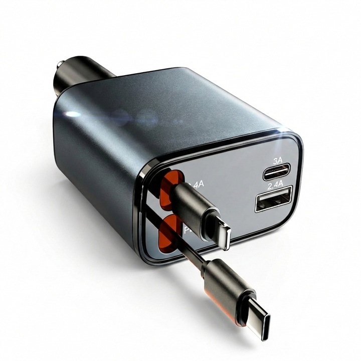 XPQKDC® Incarcator Auto Retractabil cu Incarcare Rapida, 1 Port USB-A + 1 Port USB-C, 2 Cabluri Retractabile Integrate, Compatibilitate Universala, Protectie Avansata Certificata, Design Compact Premium, Negru