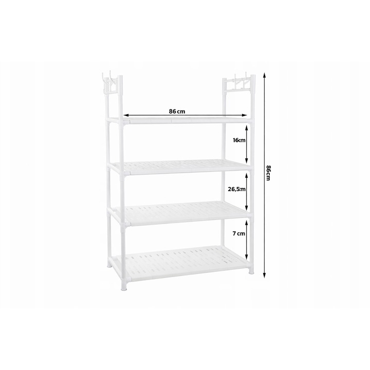 Raft cu 4 niveluri si carlige, dulap depozitare bucatarie si baie, 86×56×26.5 cm, plastic, Negru/Alb