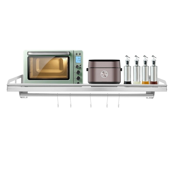 Raft de bucatarie montat pe perete, otel inoxidabil, 5 carlige, argintiu