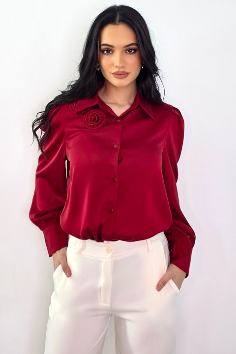 Camasa eleganta AVELA, cu brosa florala nedetasabila, ROSU, Marime universala S/M, FashionForYou