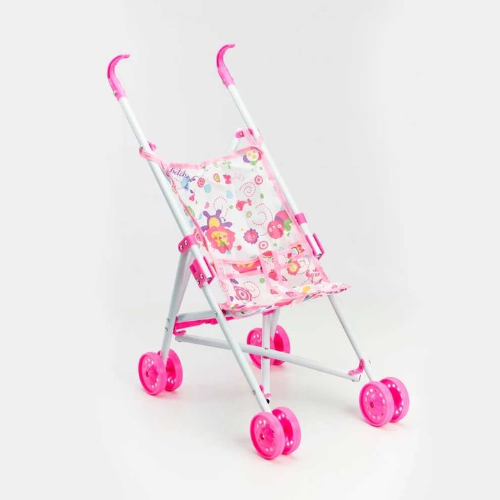 Сгъваема спортна количка за кукли с цветен десен, розова-бяла