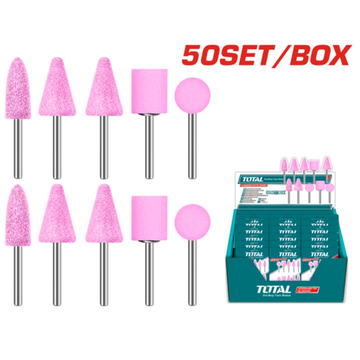 Set manere de slefuire Total, roz, 10 buc, tija O 3 mm, diverse forme ...