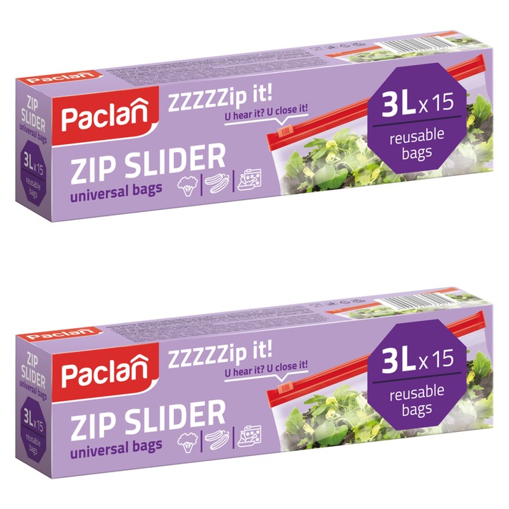 Set 2X Pungi alimentare Paclan cu fermoar 3l, 15 buc