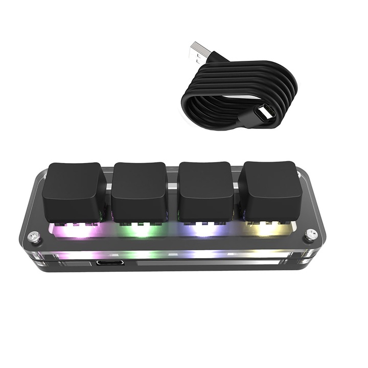 Mini tastatura mecanica programabila, 4 taste, compatibila cu mai multe dispozitive de sistem, butoane personalizabile, cu RGB, instructiuni de control rapid, pentru jocuri, design si birou, negru