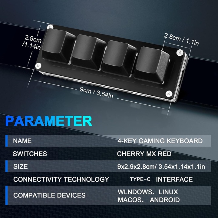 Mini tastatura mecanica programabila, 4 taste, compatibila cu mai multe dispozitive de sistem, butoane personalizabile, cu RGB, instructiuni de control rapid, pentru jocuri, design si birou, negru