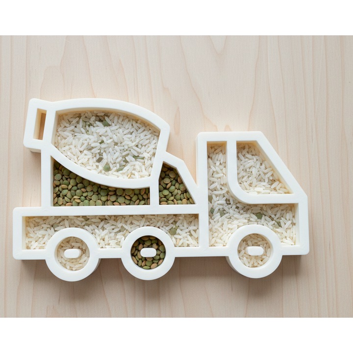 Szenzoros játék tálca, fehér, 18x11.3cm, 3D nyomtatott, Montessori tevékenységekhez, járművek iránt rajongó gyerekeknek