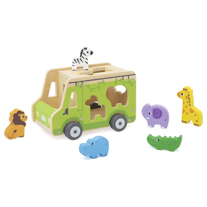 Camion din lemn cu sortare forme, Viga Toys, 6 blocuri animale, multicolor, 19x12, 2x12, 2cm