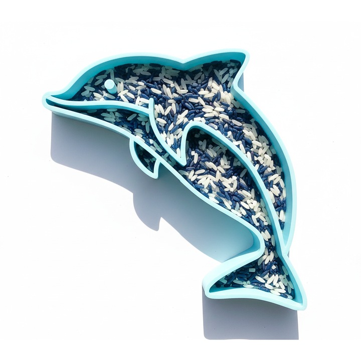 Tavita joaca senzoriala delfin, tematica vara, joaca Montessori open ended, jucarii copii, baieti si fetite, jocuri educative copii, albastru pastel, 19 x 18.1 cm, imprimat 3D PLA (bioplastic)