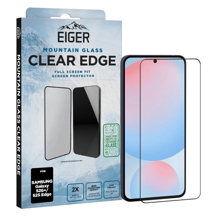 Folie Sticla Eiger 3D Mountain Glass, transparent, pentru Samsung Galaxy S26 Plus/S25 Edge, set cu kit de curatare Eco