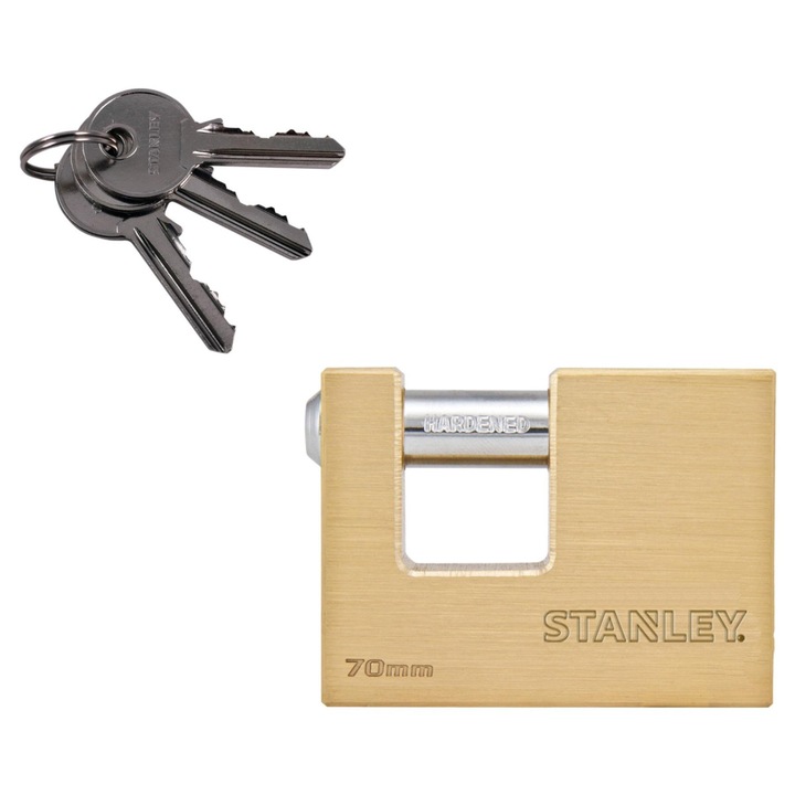 Lacăt dreptunghiular STANLEY S742-026 din alamă masivă, 70 mm, cu 3 chei