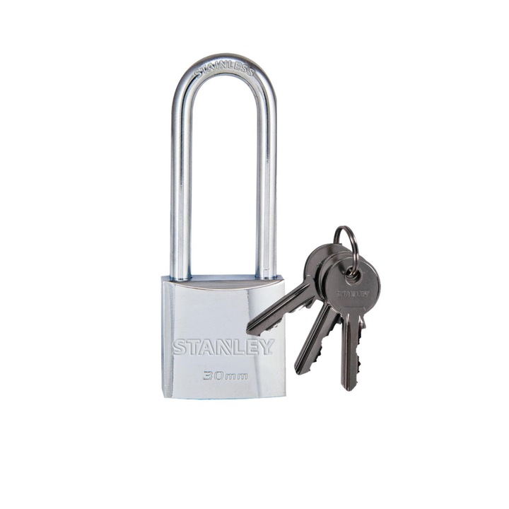 STANLEY S742-015 Lacăt cromat, alamă masivă, 30 mm, cu 3 chei, cu anse lungi