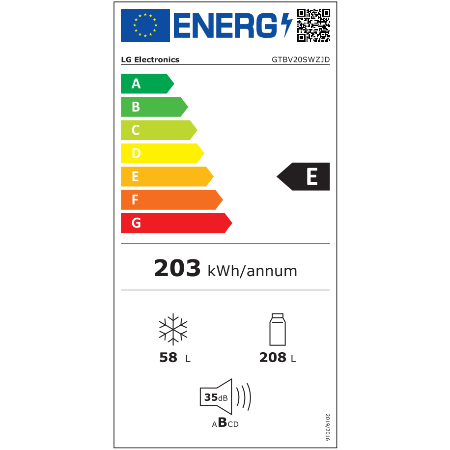 Frigider cu doua usi LG GTBV20SWZJD, No Frost, 266 l, H 168 cm, Clasa E, Alb