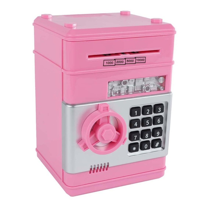 Pusculiță educativă tip seif cu cod secret, Avaleea, sunete și lumini, roz, 19, 5 cm