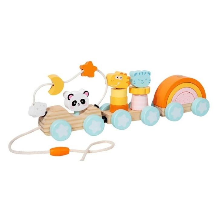 Trenulet din lemn Mixbo, jucarie educativa Montessori, multicolor, 30x10, 5x6cm